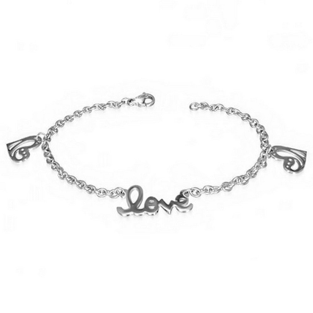 tainless Steel Silver-Tone Love Heart Link Chain Womens Bracelet