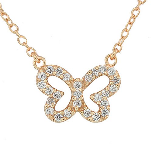 925 Sterling Silver Yellow Gold-Tone Small Butterfly White CZ Pendant Necklace