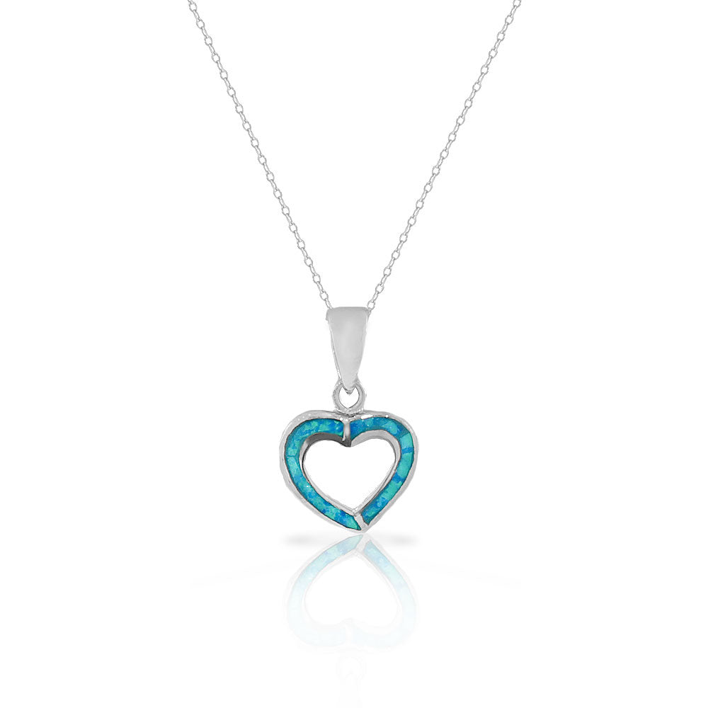 925 Sterling Silver Blue Turquoise-Tone Simulated Opal Open Love Heart Pendant Necklace