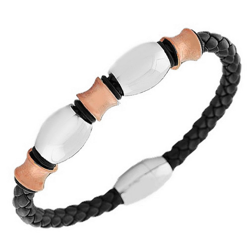 Stainless Steel Black Faux PU Leather Two-Tone Braided Men's Bracelet
