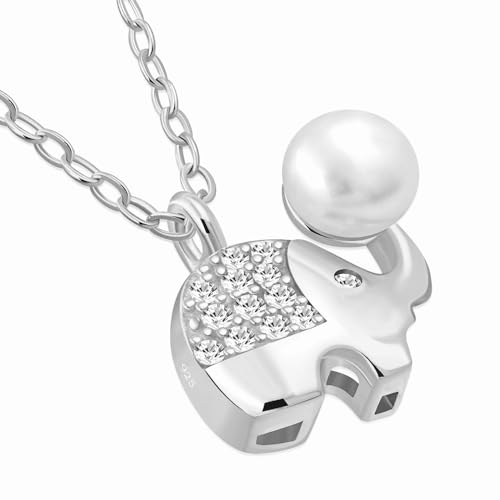 My Daily Styles Adorable 925 Sterling Silver Small Elephant CZ and Simulated Pearl Pendant Necklace - 18" Silver Chain