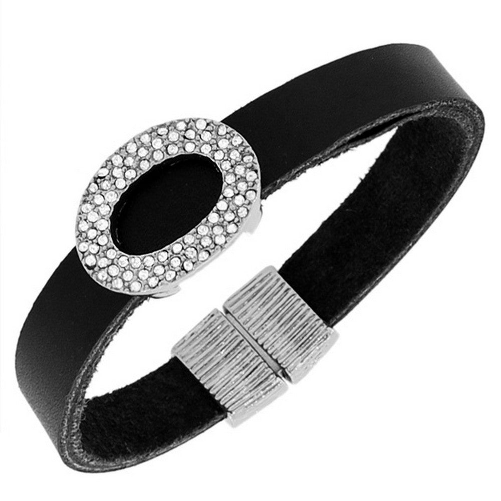Fashion Alloy Black Leather White CZ Wristband Wrap Bracelet