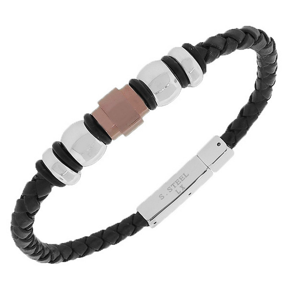 Stainless Steel Black Faux PU Leather Bronze-Tone and Silver-Tone Wristband Men's Bracelet