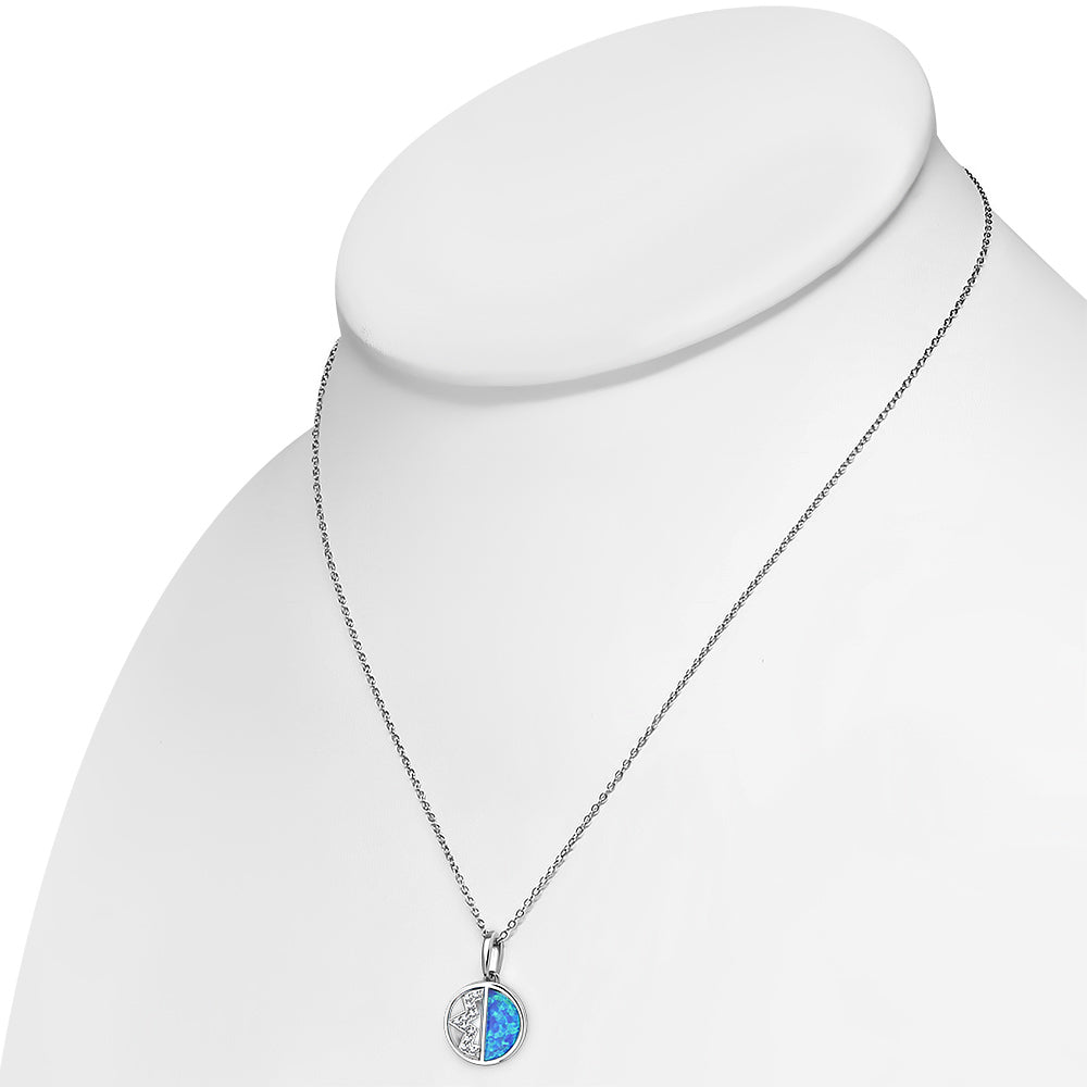925 Sterling Silver Clear CZ Simulated Blue Opal Pendant Necklace Stud Earrings Set