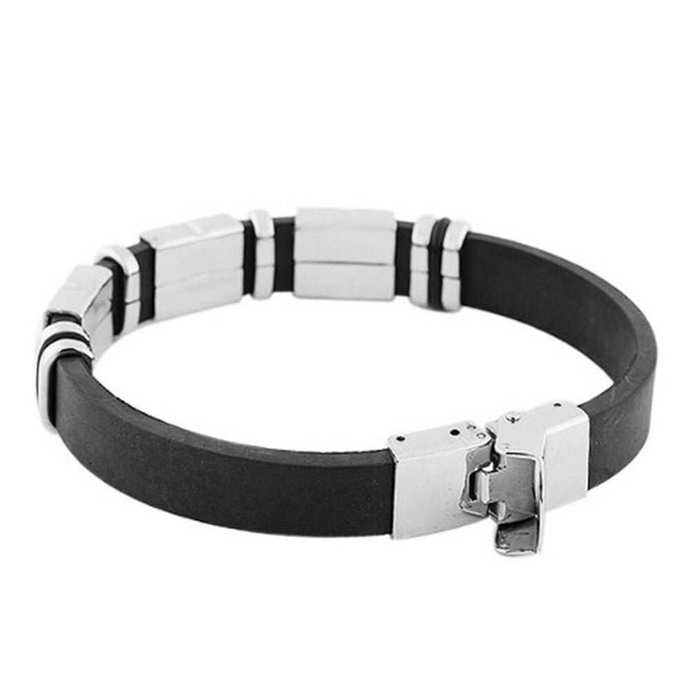 Stainless Steel Black Rubber Silicone Silver-Tone Men's Bracelet