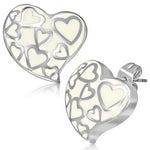 Stainless Steel White Silver-Tone Love Heart-Shaped Stud Earrings