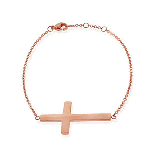 Stainless Steel Rose Gold-Tone Religious Cross Link Chain Bracelet