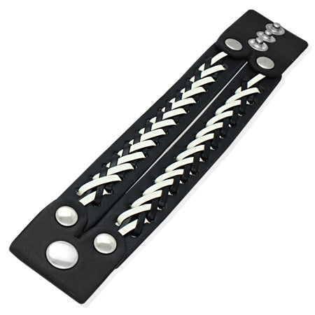 Black and White Leather Alloy Weave Cross Snap Unisex Bracelet
