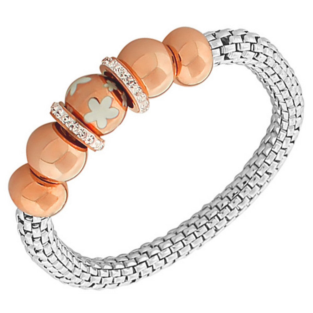 Stainless Steel Rose Gold-Tone Silver-Tone Flowers Floral Design White CZ Stretch Mesh Bracelet