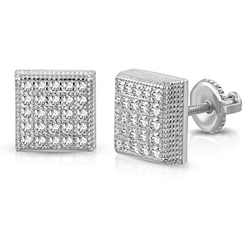 Sterling Silver Yellow Gold-Tone Square White Clear CZ Screw Back Stud Men's Earrings, 0.35"