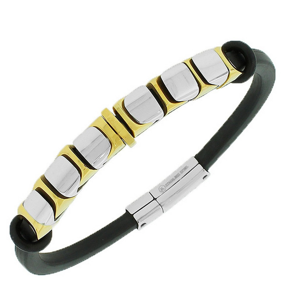 Stainless Steel Black Rubber Silicone Two-Tone Men's Bracelet