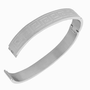 Stainless Steel Silver-Tone Greek Key Oval-Shaped Bangle Bracelet