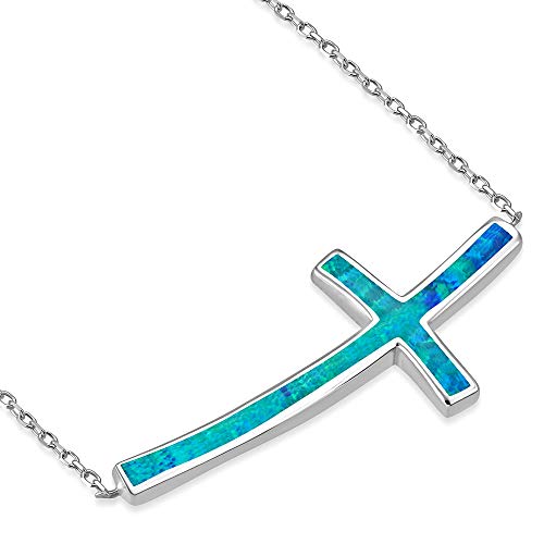 925 Sterling Silver Blue Simulated Opal Curved Sideways Cross Pendant Necklace