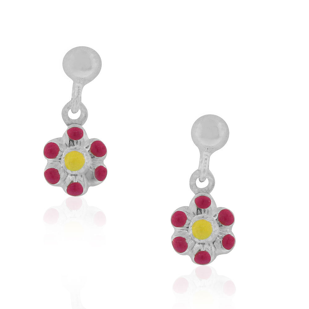 925 Sterling Silver Pink Enamel Flower Girls Dangle Drop Earrings