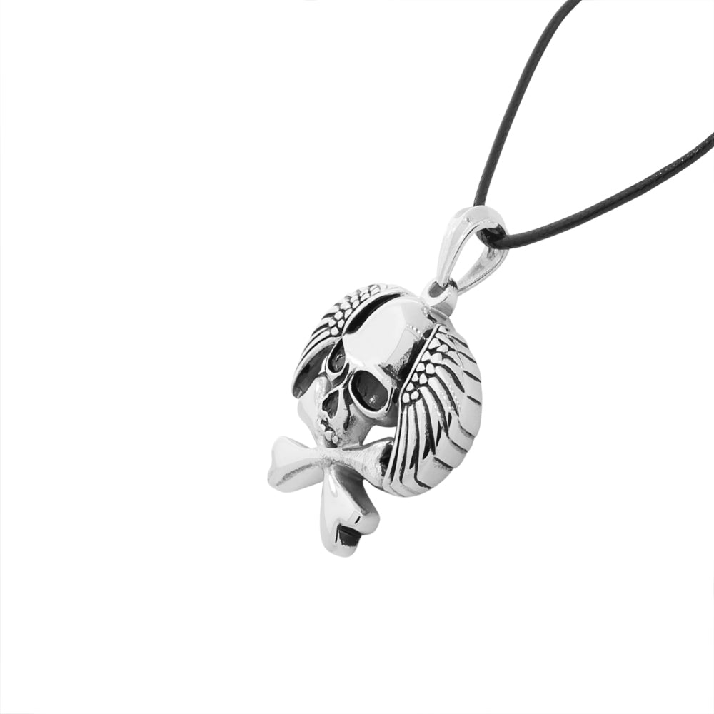 Stainless Steel Silver-tone Skull Wings Crossbones Mens Pendant Necklace