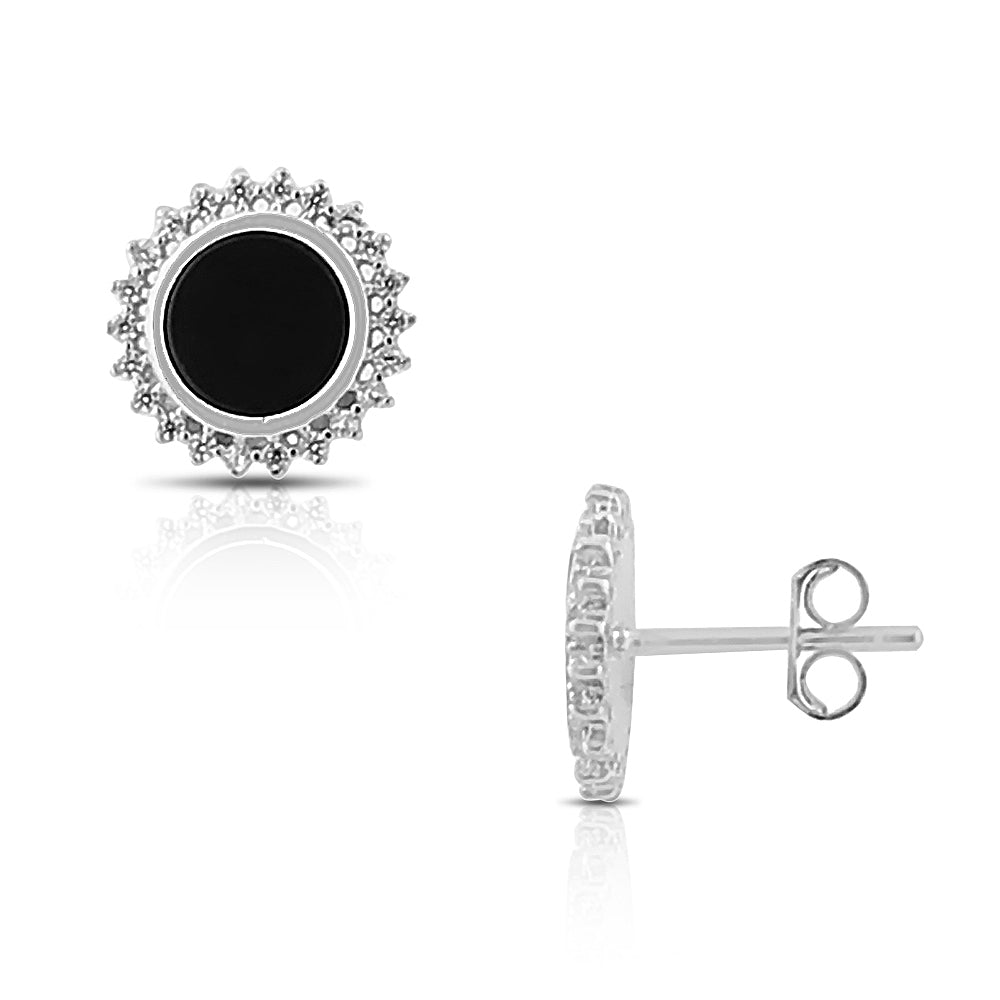 925 Sterling Silver White Clear CZ Black Simulated Gemstone Stud Earrings, 0.45"