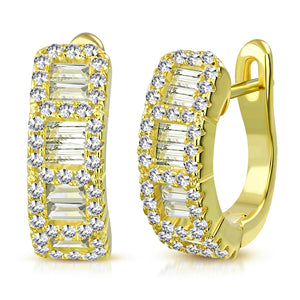 925 Sterling Silver Rose Gold-Tone Baguette Round CZ Hoop Huggie Earrings