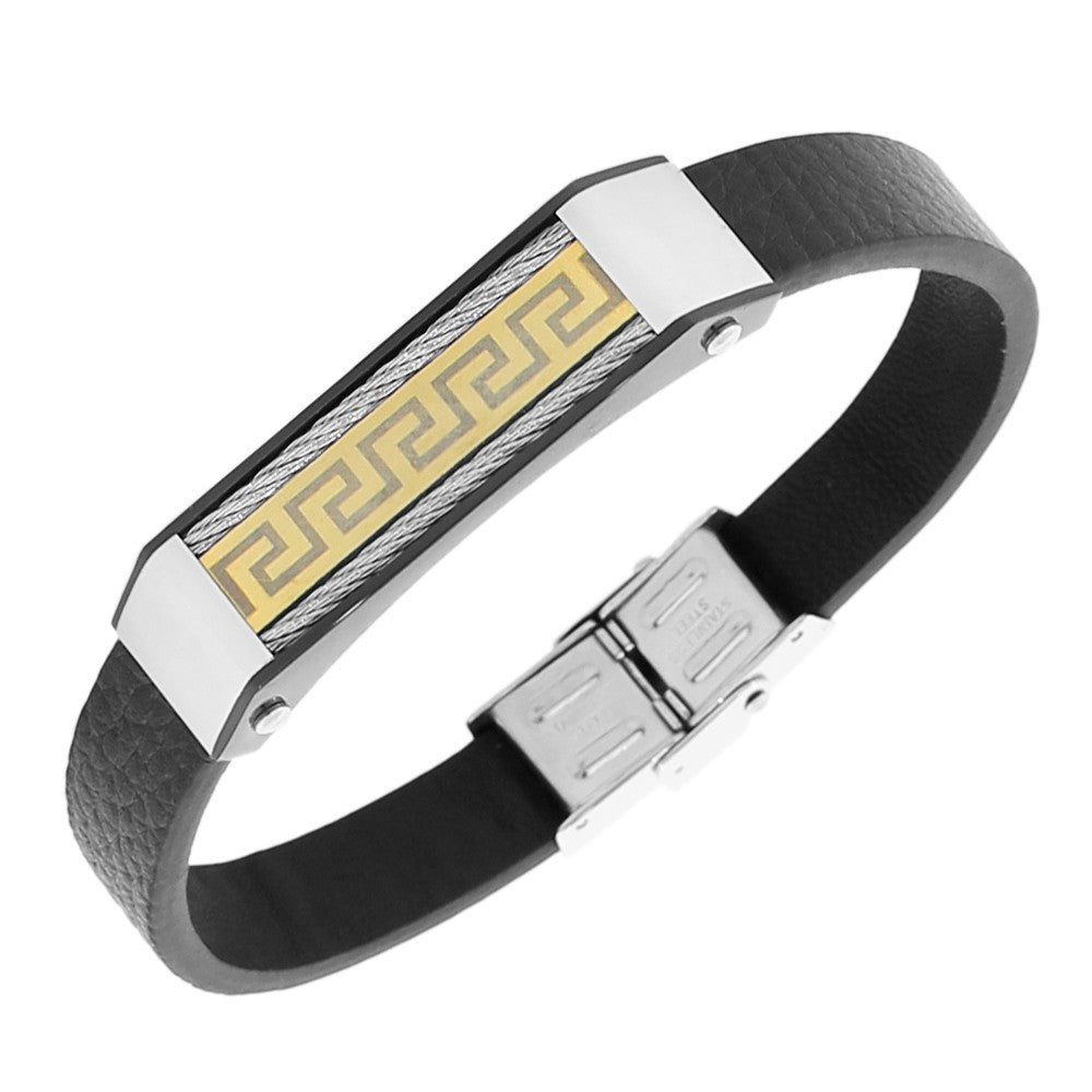 Stainless Steel Black Leather Two-Tone Twisted Cable Rope Greek Key Men's Bracelet