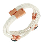 Fashion Alloy White Faux PU Leather Rose Gold-Tone Black CZ Multi-Row Layer Bracelet