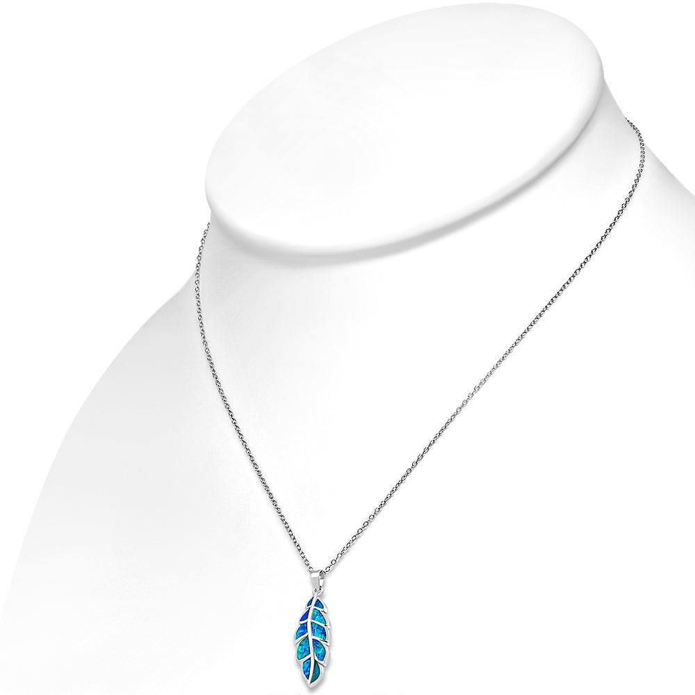 Inlay Opal Feather Necklace Pendant Sterling Silver
