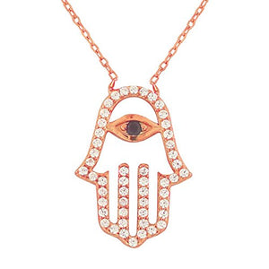 925 Sterling Silver Evil Eye Hamsa White Black CZ Womens Pendant Necklace