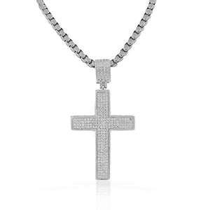 Stainless Steel Yellow Gold-Tone White Clear CZ Hip-Hop Latin Cross Pendant Necklace, 30"