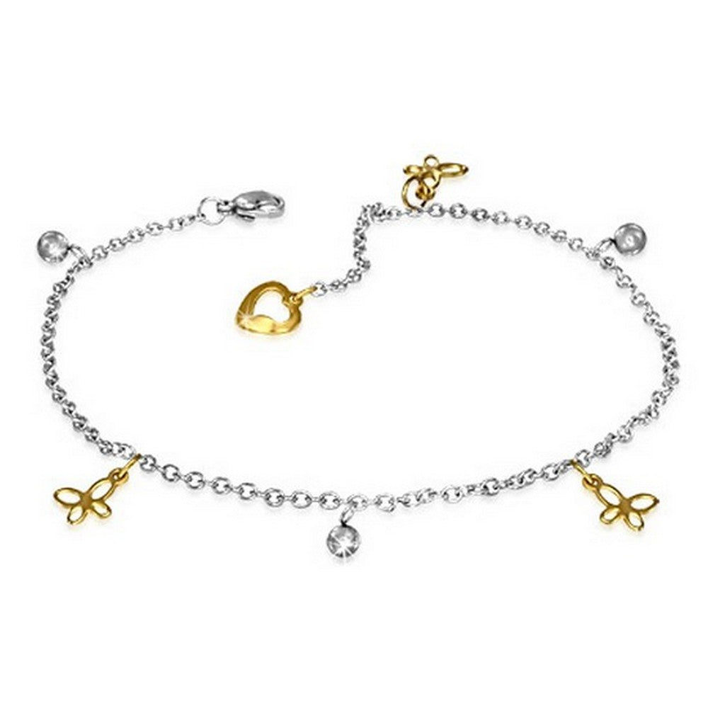 Stainless Steel Two-Tone Butterfly Adjustable Anklet Bracelet