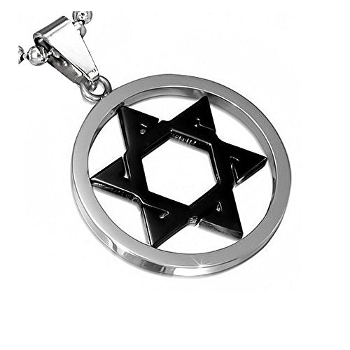 Stainless Steel Silver-Tone Black Jewish Star of David Charm Pendant Necklace