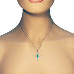 925 Sterling Silver Simulated Opal Religious Cross Pendant Necklace