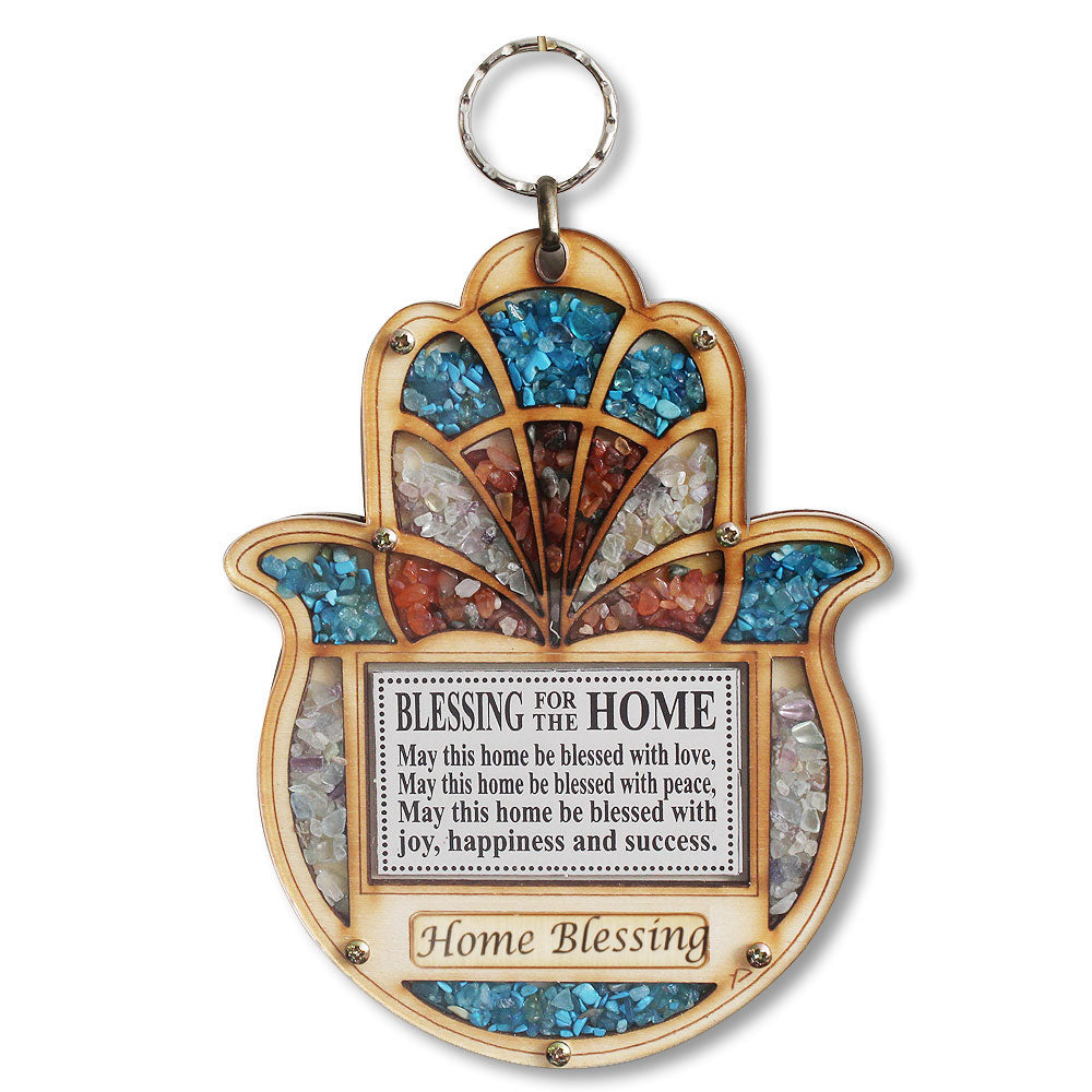 Wooden Hamsa Blessing for Home - Good Luck Jerusalem Wall Decor with Simulated Gemstones