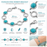 Stainless Steel Women's Bracelet with Simulated Turquoise Stones, 8 Inch Link Bracelet, Polished Silver Tone