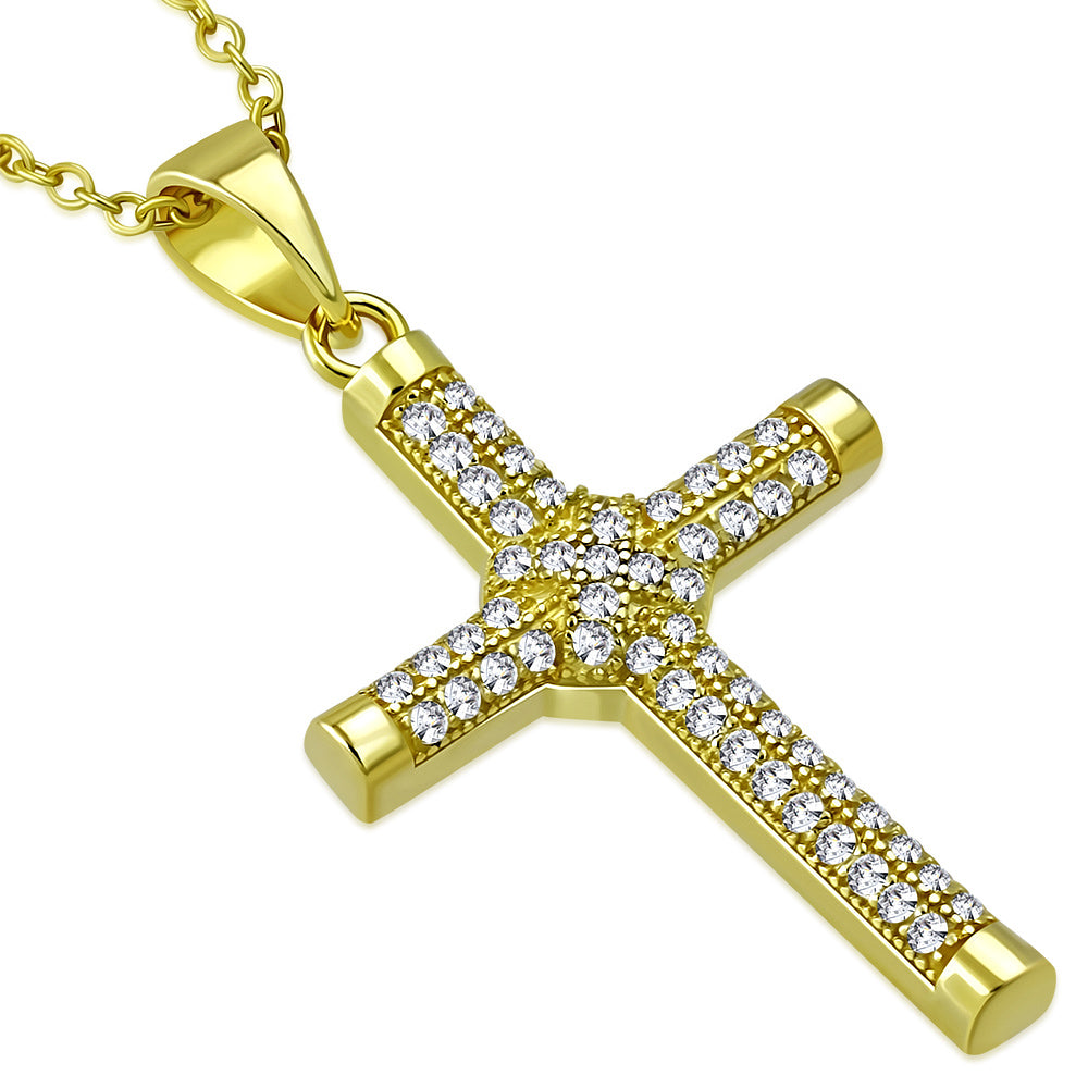 925 Sterling Silver Yellow Gold-Tone Clear CZ Religious Cross Pendant Necklace