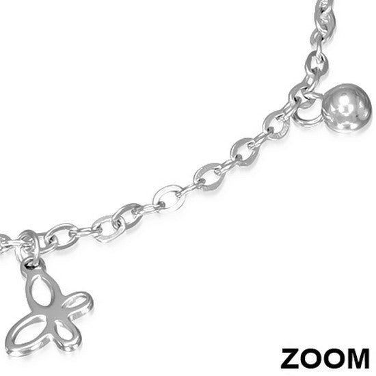 Stainless Steel Silver-Tone Butterfly Womens Adjustable Link Chain Bracelet