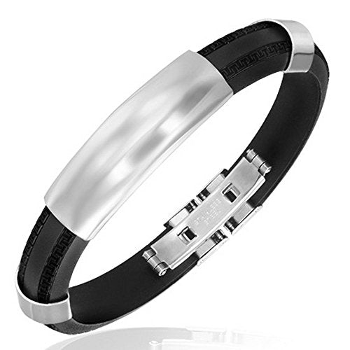 Stainless Steel Black White Rubber Silicone Greek Key Silver-Tone Mens Bracelet