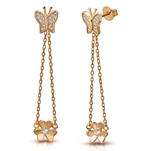 925 Sterling Silver White Clear CZ Butterfly Flower Dangle Drop Earrings, 1.70"