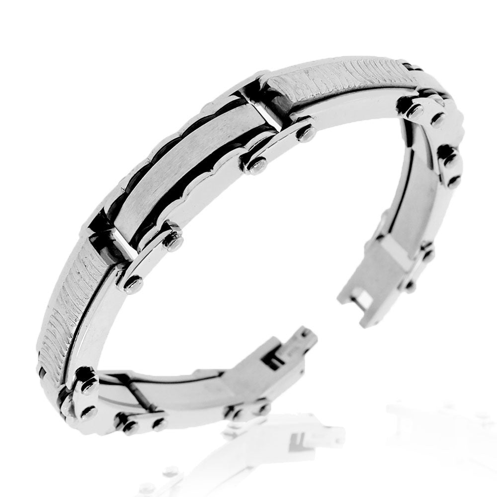 Stainless Steel Black Silver-Tone Link Mens Bracelet