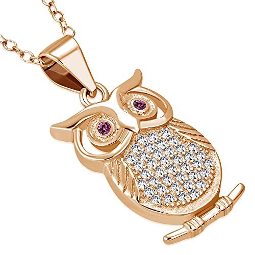 925 Sterling Silver White Clear Pink CZ Owl Pendant Necklace