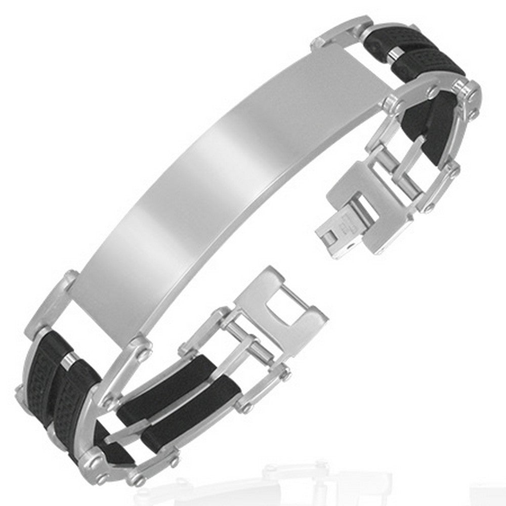 Stainless Steel Black Silver-Tone Name Tag Greek Key Mens Link Bracelet