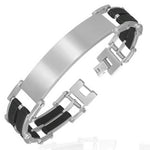 Stainless Steel Black Silver-Tone Name Tag Greek Key Mens Link Bracelet