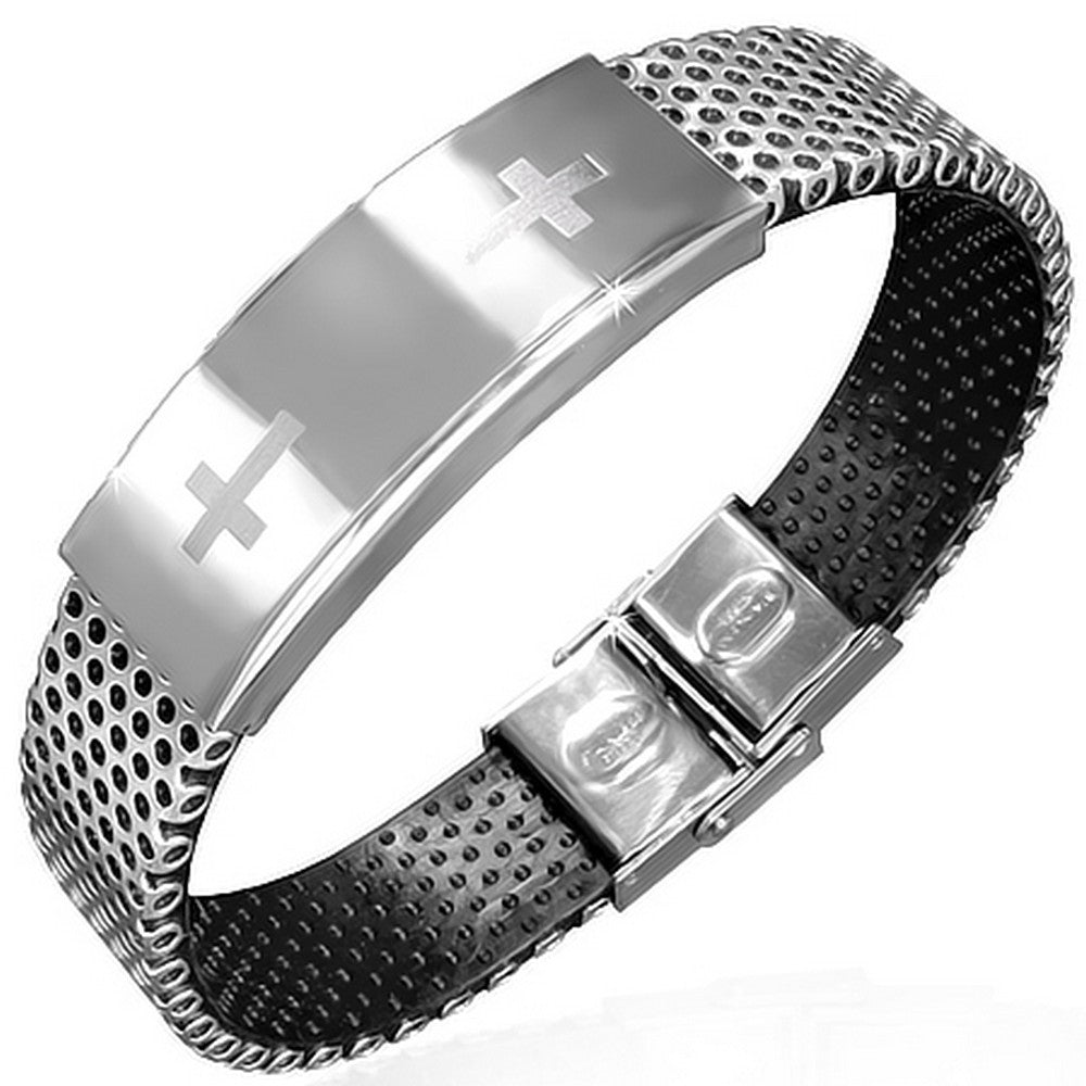 Stainless Steel Black Rubber Silicone Silver-Tone Latin Cross Religious Mens Bracelet