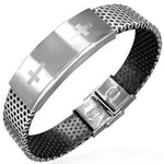 Stainless Steel Black Rubber Silicone Silver-Tone Latin Cross Religious Mens Bracelet