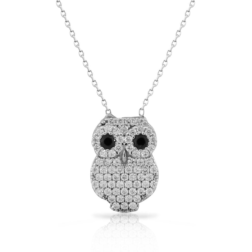 Sterling Silver White Black CZ Owl Pendant Necklace