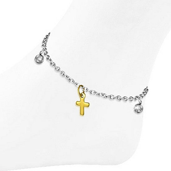 Stainless Steel Two-Tone Cross Religious Adjustable Anklet Bracelet