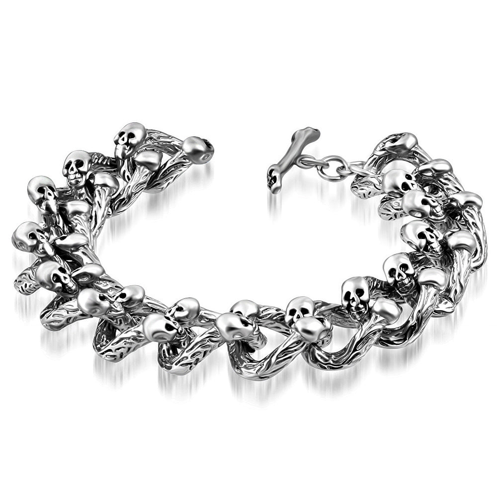 Stainless Steel Silver-Tone Double Skull Link Chain Bracelet