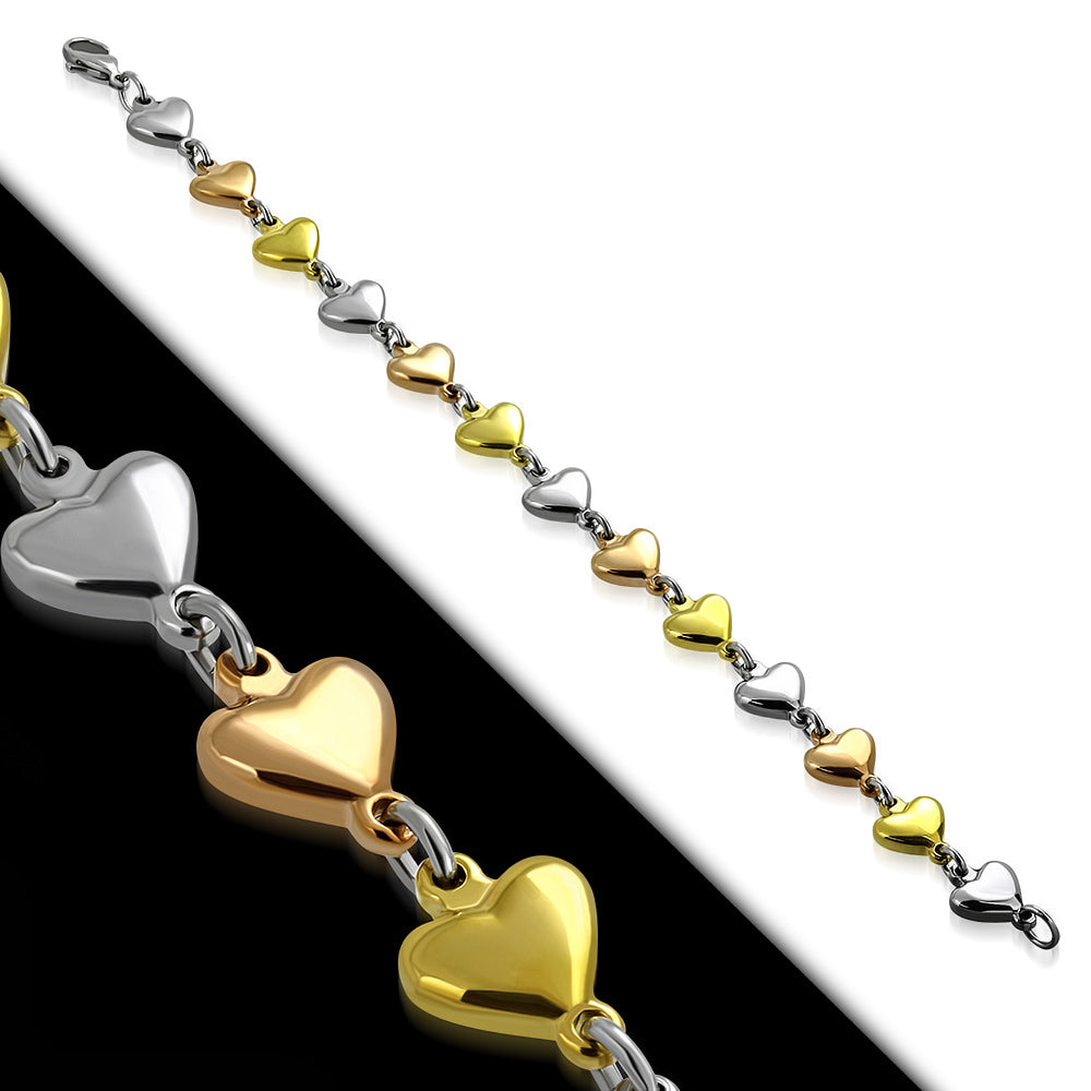 Stainless Steel Yellow Rose Gold-Tone Silver-Tone Love Heart Link Womens Bracelet, 7.5"