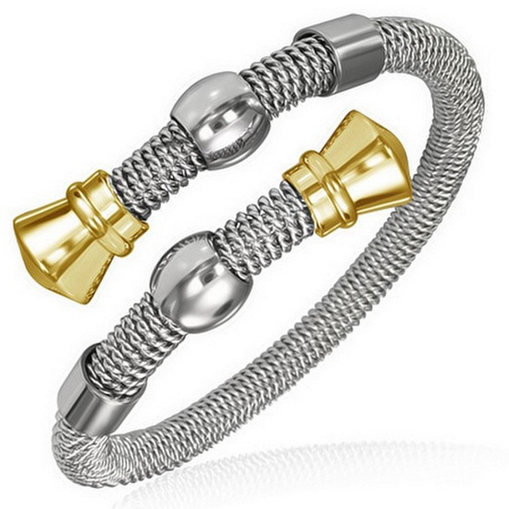 Stainless Steel Silver-Tone Yellow Gold-Tone Twisted Cable Womens Cuff Bangle