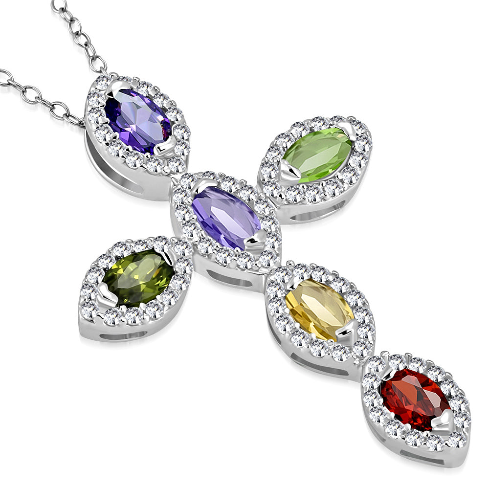 925 Sterling Silver Multicolor CZ Religious Cross Large Statement Pendant Necklace