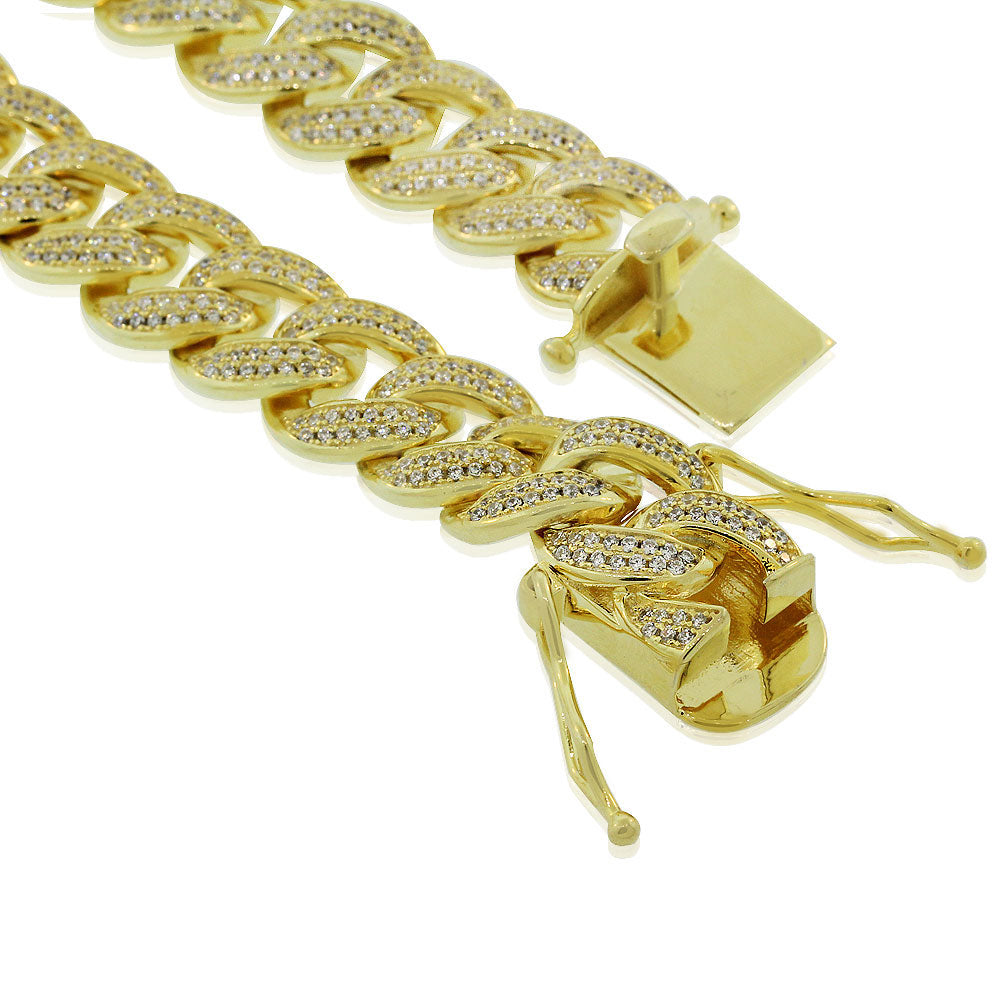 My Daily Styles Men's 925 Sterling Silver Yellow Gold Tone CZ Cuban Link Necklace- 12MM Width, 24"