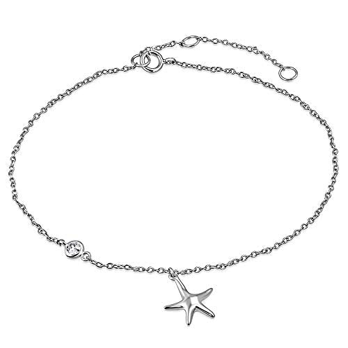 Sterling Silver Bezel-Set White Clear CZ Starfish Anklet Bracelet