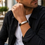 Stainless Steel Black Leather Rose Gold-Tone Silver-Tone Men's Bracelet